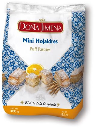 Doña Jimena Mini Hojaldres con Azúcar Glass, Calidad Suprema, Sabor auténtico, Para compartir, Típico Dulce Navideño, Receta Artesanal, 400g