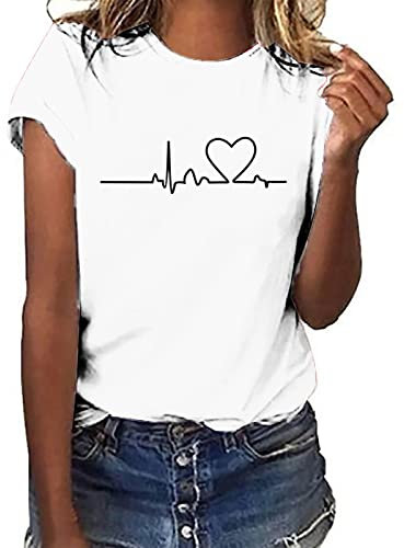 Tshirt Damen Lässige Elektrokardiogramm Druck Oberteile Herzschlagkurve Pullover T-shirt Einfarbiges Basic Shirt Rundhals Kurzarm Sommer Tops Lockere All-Match Tunika Bluse Laufshirt Sportshirt