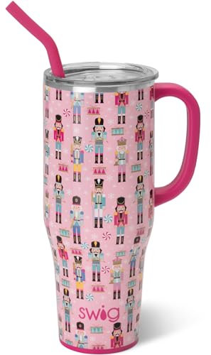 Swig Life 40oz Mega Mug, 40 oz Tumbler with Handle and Straw, Cup Holder Friendly, Dishwasher Safe, Extra Large Insulated Tumbler, Stainless Steel (Pink Nutcracker)