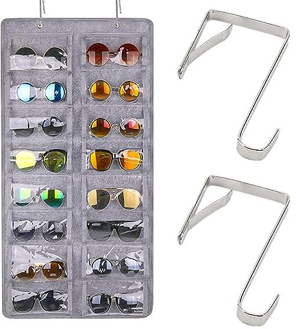 Nizirioo Faltbar Hängend Sonnenbrillen Organizer: 16 PVC Fächer, Staubdichter Filz Sonnenbrille Lagerung mit 2 Häkchen, Hängend Brillen Aufbewahrung zum Sonnenbrillen, Kurzsichtige, Gläser(Hellgrau)