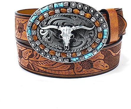 NociHah Western-Ledergürtel für Damen und Herren - Türkisfarbene Bullhead-Schnallen Cowboys Cowgirls Gürtel für Jeanshosen Hosen Deco (Braun)