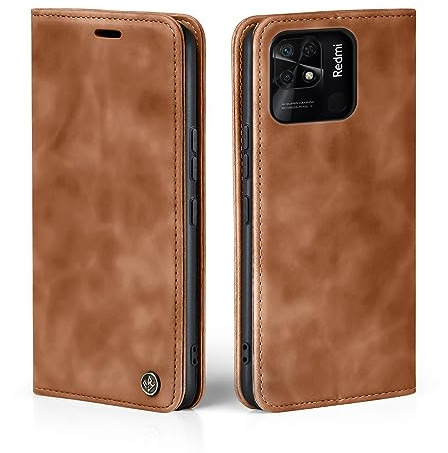 LBH Handyhülle für Xiaomi Redmi 10C in Hellbraun mit Karten- und Geldfach Smartphone Hülle mit Standfunktion Flip Case Schutzhülle Magnetverschluss Vintage