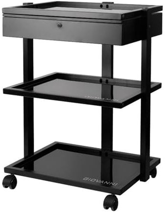 BEAUTEK Beistellwagen AS Ink PRO 1040 Schwarz - Stilvoller Organizer für Kosmetikstudios, mit abschließbarer Schublade, Glasablagen & Rollen, 55x44x80cm