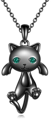POPLYKE 925 Sterling Silber Katze Kette für Damen Schwarze Katze Schmuck Katze Geschenke für Katzenliebhaber