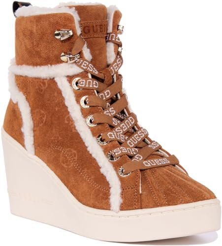 GUESS FL8A2AFAL12 - Stivaletti alti da donna, foderati in pelliccia, con zeppa, Cognac, 41 EU