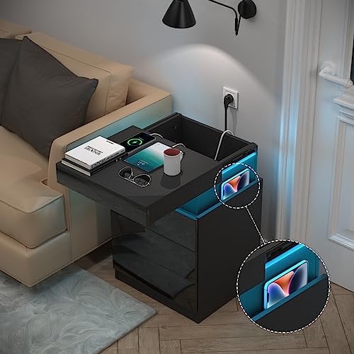 Lvhecforhm Nachttisch mit Ladestation, Nachttisch mit LED Licht, Nachttische mit USB Anschlüsse, Schiebeplatte Nachttischs mit Fach, Schwarz Nachttische Mit Schubladen Hochglanz Front für Schlafzimmer
