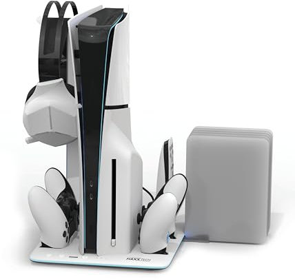 PS5 Slim Charging Stand Konsolenhalterung – LED-Beleuchtung - Controller-Aufladung – Kühlung - Aufbewahrung