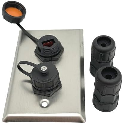 Outdoor Ethernet Wall Plate with Double Waterproof RJ45 CAT6 Jack - Stainless Steel Ethernet Wall Outlet with IP68 Coupler, Cable Gland, and Mounting Bracket