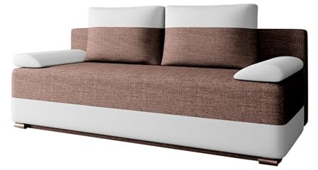 Schlafsofa ATLANTA – Polstersofa Schlafcouch Sofa Sofagarnitur Couch Schlafsofa für Wohnzimmer mit Bettfunktion, Schlaffunktion und Bettkasten: 200x90x96 cm - (Braun + Weiß (Lawa 02 + Soft 17))