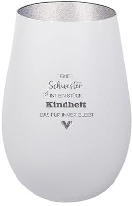 Der-Porzellan-Laden Windlicht mit Gravur Weiß Silber Tischdeko modern | Eine Schwester ist EIN Stück Kindheit, Teelichthalter aus Glas mit Spruch
