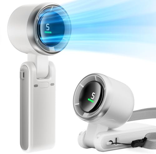 Pymoji Foldable Handheld Fan, Portable Strong Winds Rechargeable 10000mAh Mini Turbo Fan, Digital Display, 5 Speed Adjustable Personal Small Pocket, Gifts for Women Men Travel Camp Outdoor Office