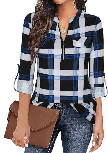 Gemulate Women's Zip Up Plaid Tunic Blouse Tunic Tops for Women UK Checked Ladies Tops V-Neck Plaid Blouses Long Shirts - Blue, L