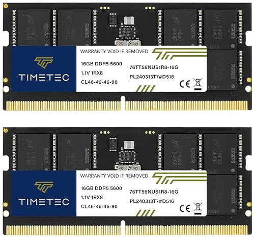 Timetec 32GB KIT(2x16GB) DDR5 5600MHz PC5-44800 Unbuffered Non-ECC 1.1V CL46 1Rx8 Single Rank 262 Pin SODIMM Laptop Memory RAM Module Upgrade