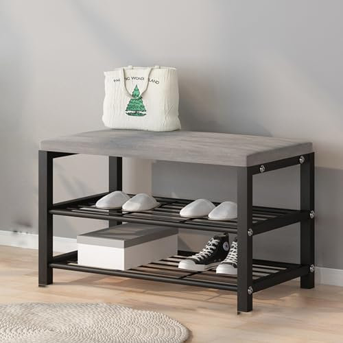 Entryway Shoe Rack with Padded Seat, 2-Shelf Storage Bench with Faux Leather Top, Small Shoe Organizer for Indoor Entryway
