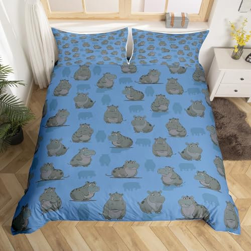 Homemissing Hippo Bettwäsche Set 155x220cm Kinder Cartoon Aniaml Bettbezug Set für Jungen Mädchen Cute Nilpferd Betten Set Blau Witzig Bettdeckenbezug Zimmer Dekoration 2Stück
