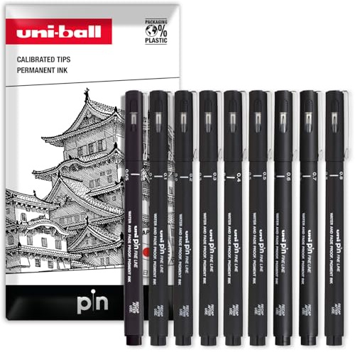 uni-ball PIN Fineliners | Black Fine Tipped Writing Pens | Water & Fade Resistant Ink | Ideal for Sketching, Scrapbooking, Outlining, Art, Technical Drawing | In Envelope Gift Bag (Pack of 9, Mixed)