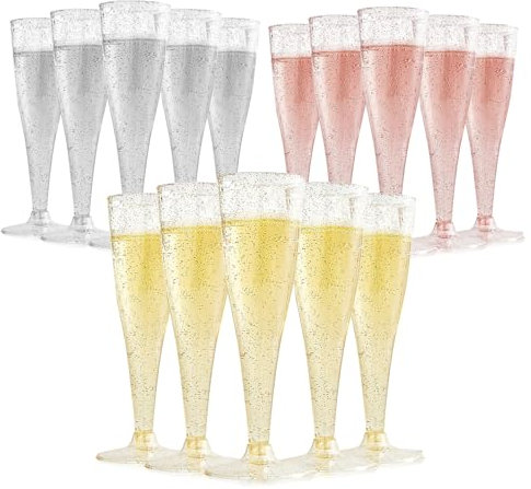 DiiWmme 15 Pcs 3 Styles Clear Champagne Glasses,4.5 OZ Glitter Champagne Flutes Reusable Stemmed Party Wine Cups Cocktail Glasses Crystal Wine for Garden Wedding,Parties,Anniversary
