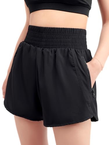 Kefiyis Short de course pour femme taille haute 2 en 1 avec poche zippée à séchage rapide, Noir , M