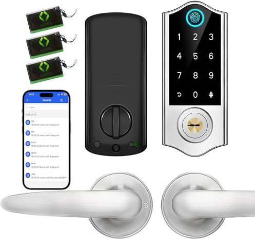 Harfo Smart Türschloss mit Griff Set, Fingerabdruck Türschloss, Keyless Entry Door Lock Riegel, App Steuerung Haustürschloss Set, Elektronische Digitale Touchscreen Tastatur Riegel, Auto Lock, Satin