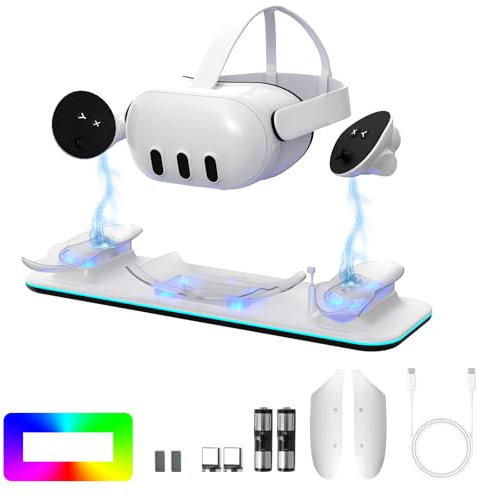 Charging Dock for Meta Quest 3 VR Headset and Controllers, Magnetic Fast Charge Station Compatible with Meta Quest 3 with RGB LED Light, 2 Rechargeable Batteries