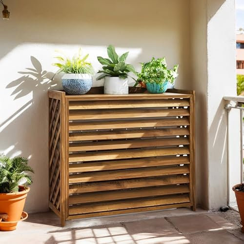 Marron Cache Climatiseur Extérieur Bois Couvre Climatiseur Pin Support De Fleurs Pour Plantes Cache Pompe A Chaleur Extérieur Bois Résistance Aux Intempéries Cache Clim Bois Pour Décoration Jardin(86x