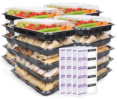 Kitchenella Pack of 20 Sandwich Platter Trays with Lids - Reusable Plastic Buffet Serving Tray for Meal Prep - Catering Platters for Party Food with Dividers & Labels (33.5cm x 24cm x 7cm) (20)