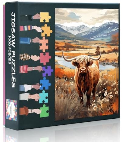 Highland Cow Jigsaw Puzzles for Adults 1000 Animals 1000 Piece Jigsaw Puzzle with Letters on Back Nature Landscape Challenging Puzzles for Adults as Home Decor (27.5x19.7)