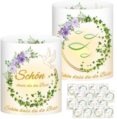 Waziwe 16 Große Windlichter Tischdeko passend als Konfirmation Deko, Tischdeko Taufe, Tischdeko Kommunion, Taufe Deko, Verwendbar mit Kommunion Kerze, Bedruckt mit | Schön DASS Du da bist |（Stil 1