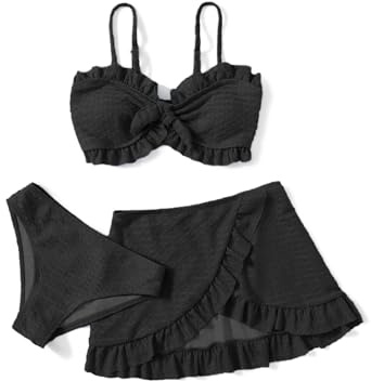 Arshiner Trajes de baño de 3 Piezas para niñas, Top de Bikini con Parte Delantera torcida, bañador de Color Liso, Falda para Cubrir la Arena, Traje de baño para Playa y Piscina para 5 a 14 años