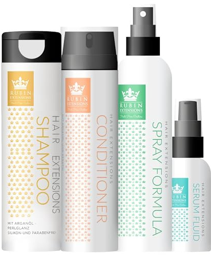 Rubin Extensions Komplett-Pflegeset – Conditioner 200 ml, Shampoo 250 ml, 2‑Phasen Spray 200 ml & Haarserum 50 ml – Extensions Pflege für Haarverlängerungen, Echthaar & Perücken – Sulfatfrei, Keratin