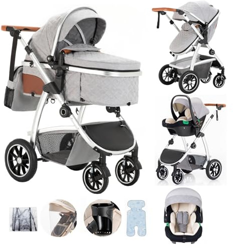 Lnhcrbs Baby Stroller 3 in 1, Travel Stroller with Adjustable-Height Push Handle, for Babies 0-4 Years Old with Mosquito Net Mummy Bag Bottle Holder,Light Grey