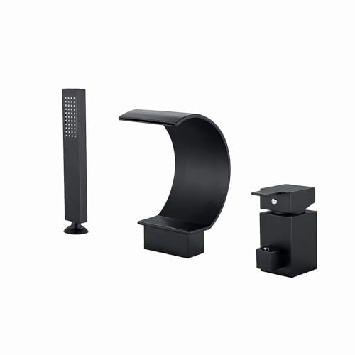 SCWZZWSY Wasserfall Badewanne Wasserhahn weit verbreiteter Wannen Wasserhahn Set Decks Schwarzer Wannenfüller Wasserhahn 3 Löcher EIN Griff Badewanne mit Handheld Duschkopf