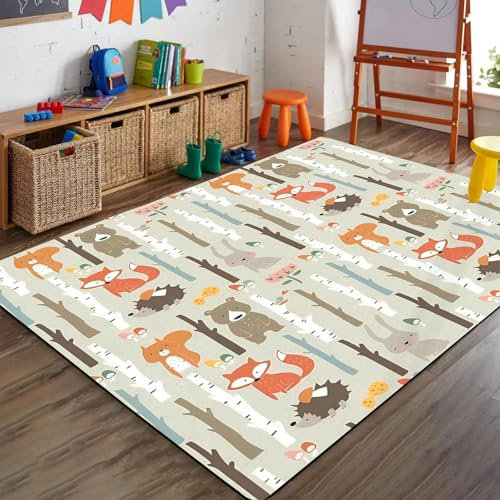 SMXVRC Wald Tiere Wohnzimmer Teppich, 70x140cm, Cartoon Fuchs Kaninchen Igel Flurteppich, Drucken Lichtbeständig Hochwertiger Dauerhaft waschbarer Teppich für Bauernhaus Sofa Bettseite