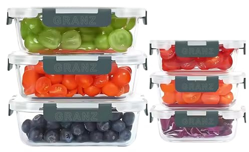 GRANZ Glass Food Storage Containers Pack Of 6 | BPA-Free Food Storage Containers, Airtight Snap Lock lid, Leak Proof Meal Prep Boxes, Stackable, Eco-Friendly, Reusable, Microwave & Dishwasher