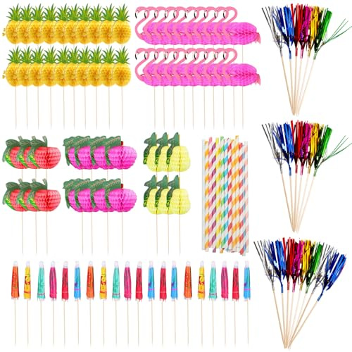 TYXHTF 120 Piezas Decoración de Cócteles, Brochetas de Cóctel Flamenco, Paraguas Cóctel, Pajitas Papel, Palitos Fuegos Artificiales, Palitos Flamencos, para Verano, Fiestas, Playa, Bodas