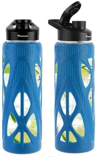 poweco Trinkflasche Glas 700ml [Bruchsicher & Auslaufsicher] - Sportflasche aus Borosilikatglas mit Silikonhülle & Tragegriff - BPA-Frei, Glasflasche für Büro, Yoga & Fitness - Dunkelblau