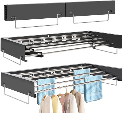 80CM Séchoir à Linge Mural Pliable pour Intérieur et Extérieur, 5 Barres | Étendoir à Linge en Acier Inoxydable, 4 Mètres de Longueurde de Séchage, Economiseur d'Espace, Noir