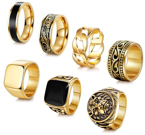 AFSITNIG 7Pcs Stainless Steel Vintage Signet Rings for Men Square Signet Rings Cuban Link Chain Ring Pinky Thumb Celtic Band Spinner Ring Gold Polished Edge Mens Ring Biker Rings Set,Size 13