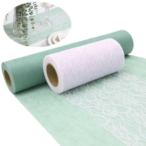 Vlies Tischläufer Tischband Eukalyptus Grün & Tischläufer Spitze Weiß | Grün 30 cm × 15 m & Weiß 15 cm × 12 m Tischdeko Set für Tischdeko Partydeko bei Geburtstag Hochzeit Festen