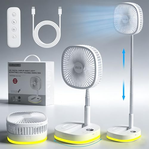 Portable Oscillating Standing Fan,9 Inch Foldable Pedestal Fan,10000mAh Rechargeable Battery USB Powered Floor Fan,Height Adjustable,4 Speeds,Quiet,with Remote Control,LED,Storage Bags,Camping Bedroom