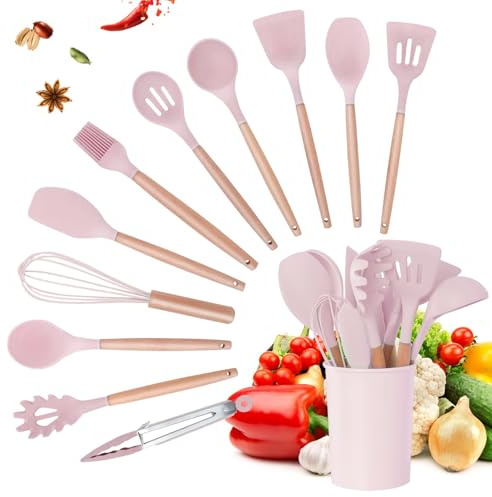 Kitchen Utensil Set 12 Pcs Silicone Cooking Utensils Set with Wooden Handles Non-Stick Heat Resistant Cooking Tools with Holder for Cooking Baking (Pink)