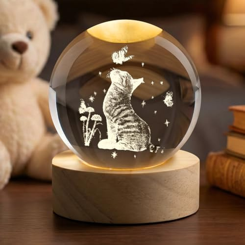 AOOTE 3D-Kristallkugel Katze Ornamente,Katzen-Kristallkuge mit Licht,USB-Schnittstelle mit Netzschalter,Katze Geschenke für Frauen Schlafzimmer Schreibtisch Dekor Warme Atmosphäre