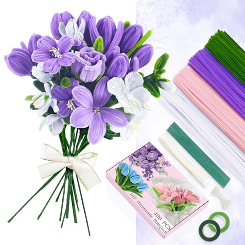 400 Pcs Pipe Cleaners Craft for Flowers, 4 Colored Pipe Cleaner Flower Kit, | Pastel Chenille Stems for Handmade Bouquet Wrapping Party Decorations with Floral Wire, Ribbons, Tape (Purple)