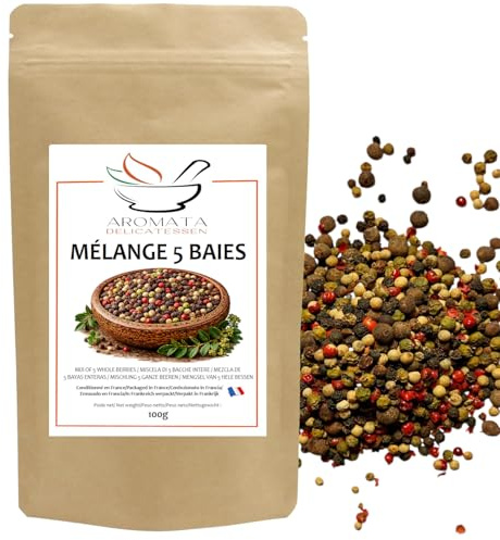 AROMATA – Poivre 5 Baies – Entiers – 100 gr - Poivre Noir, Blanc, Vert, Jamaïque & Baies Roses – Idéal Moulin