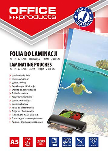 OFFICE PRODUCTS 20325215-90 Laminierfolie A5, 2 x 80 micron, glänzend, 100 Stück, transparent