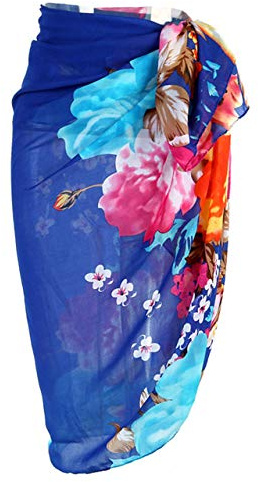 CHIC DIARY Women Chiffon Pareo Beach Wrap Sarong Swimsuit Scarf Cover Up for Holiday (Blue-Flower)