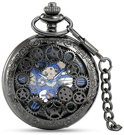 Avaner Taschenuhr für Damen Herren Analog Handaufzugwerk Skelett Muster Steampunk römische Ziffern Schwarz Avaner01P-001
