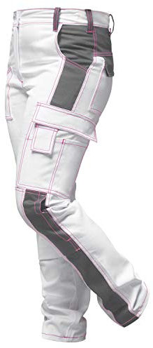 strongAnt Damen Arbeitshose komplett Stretch Weiß Pink für Frauen Malerhose mit Kniepolstertaschen - Weiß-Grau/Pinke Naht. Größe: 92