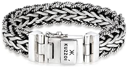 Kuzzoi handgefertigtes Silber Panzer-Armband aus massiven 925 Silber 15 mm | oxidiert mit Kastenverschluss und Logo Gravur breit 95g