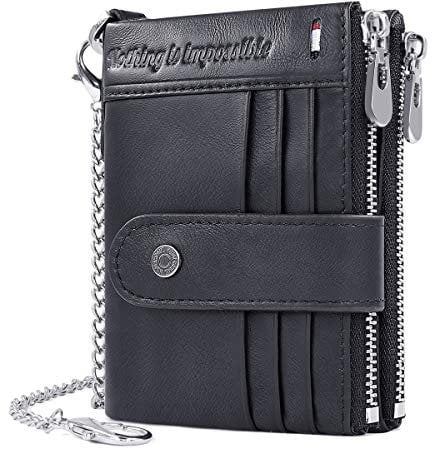 Geldbörse Herren Echtem Leder Brieftasche Herren RFID Schutz Portemonnaie Klein mit Kette, Ledergeldbörse Geldbeutel Männer 19 Kartenfächern und Portmonee Herren Reißverschluß Münzfach (schwarz)